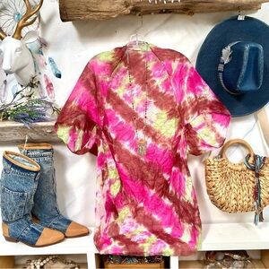 ARTISAN SILK watercolour pattern boho Cocoon Kimono /cover up raw Edges